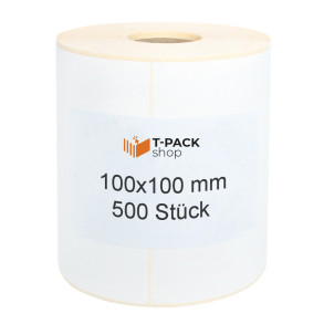 Thermoetiketten 100×100mm weiß 500 Stück, Hülse 40mm, Perforation