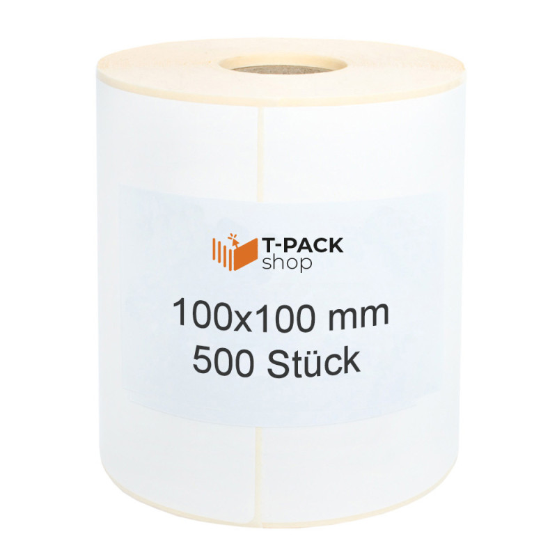 Thermoetiketten 100×100mm weiß 500 Stück, Hülse 40mm, Perforation