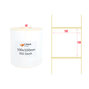 Thermoetiketten 100×100mm weiß 500 Stück, Hülse 40mm, Perforation