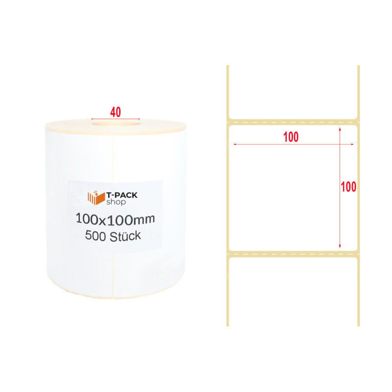 Thermoetiketten 100×100mm weiß 500 Stück, Hülse 40mm, Perforation