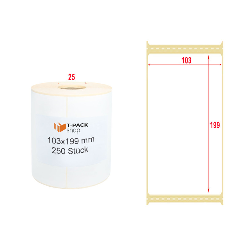 Thermoetiketten 103x199 250Stck Hülsenkern 25mm Weiß Perforation