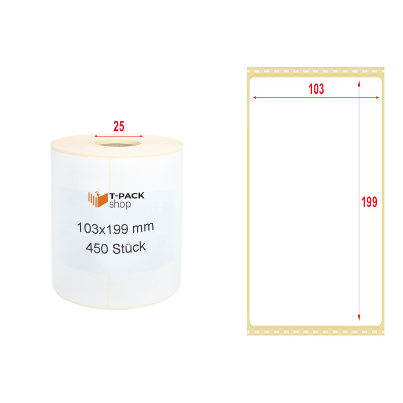 Thermoetiketten 103x199mm 450 Stück Hülsenkern 25mm weiß Perforation
