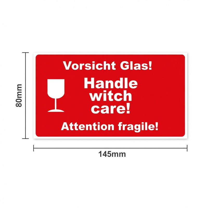 Warnetiketten „Vorsicht Glas / Handle with care / Attention fragile” 145x80 mm – 1500 Stück, Kern 40 mm