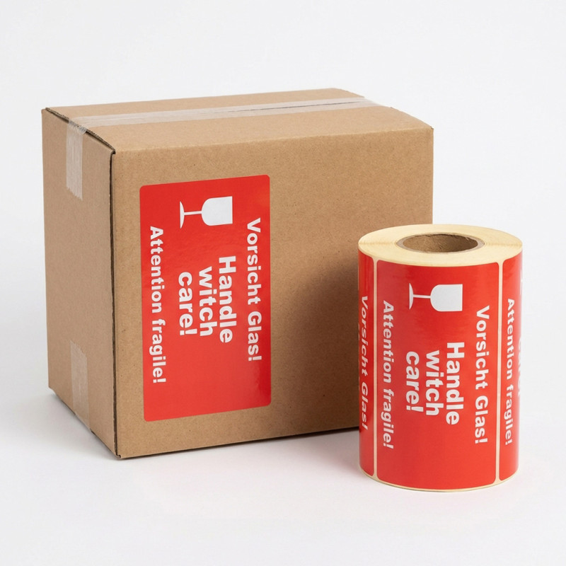 Warnetiketten „Vorsicht Glas / Handle witch care / Attention fragile” 145x80 mm – 500 Stück, Kern 40 mm
