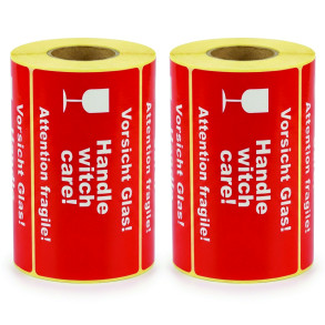 Warnetiketten „Vorsicht Glas / Handle witch care / Attention fragile” 145x80 mm – 500 Stück, Kern 40 mm