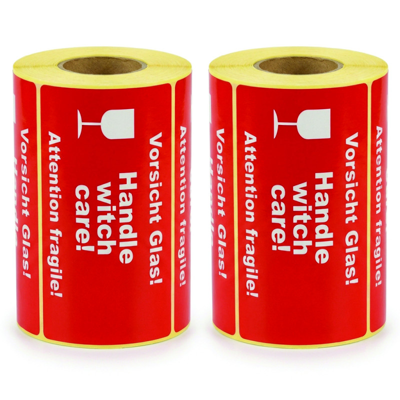 Warnetiketten „Vorsicht Glas / Handle with care / Attention fragile” 145x80 mm – 1500 Stück, Kern 40 mm