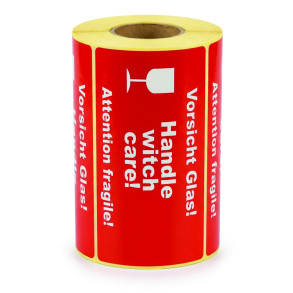 Warnetiketten „Vorsicht Glas / Handle with care / Attention fragile” 145x80 mm – 1500 Stück, Kern 40 mm