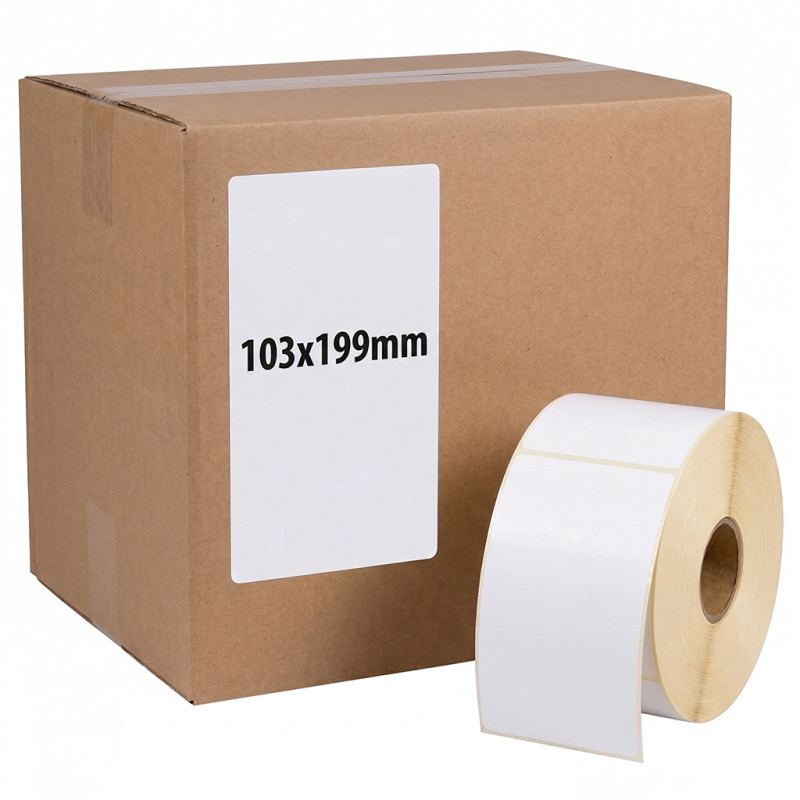 Thermoetiketten 103x199 mm weiß – 1000 Stk., Kern 40 mm, perforiert
